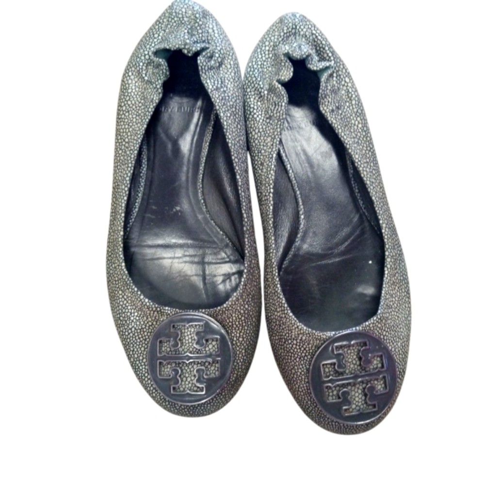 Tory Burch Silver Stingray  Flats with Logo Medallion